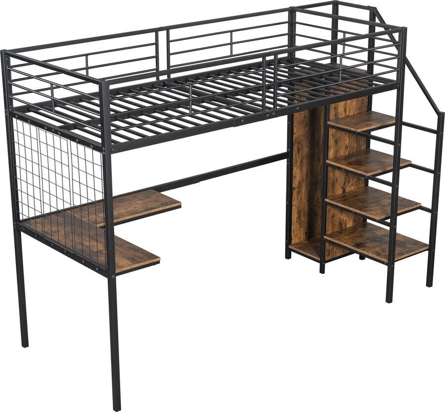 Merax stapelbed 90x200 – hoogslaper met bureau en kledingkast – metalen frame met houtaccent – voor tieners en kinderen – ruimtebesparend ontwerp – zwart met donker hout