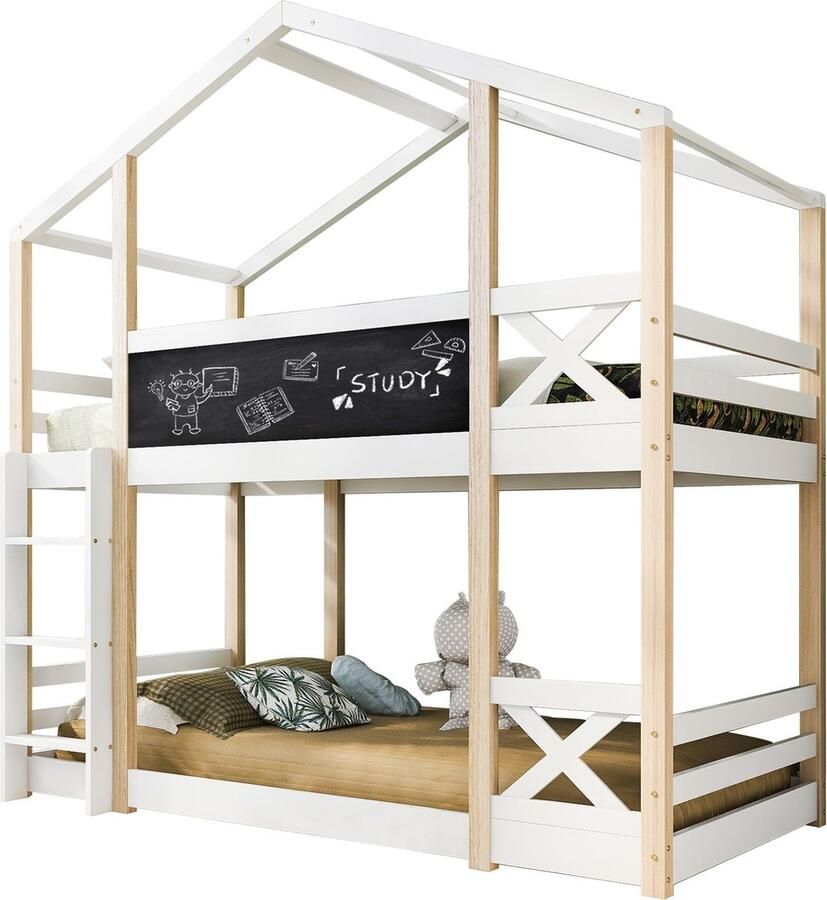 Merax Stapelbed 90x200 Hoogslaper met Krijtbord Bed voor Kinderen met Ladder Wit en Bruin