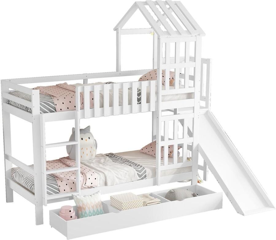 Merax Stapelbed 90x200 – Kinderbed met Lade op Wielen – Bed met Glijbaan – Huisbed met Dak en Ramen – Massief Hout en MDF – Wit – Zonder Matras