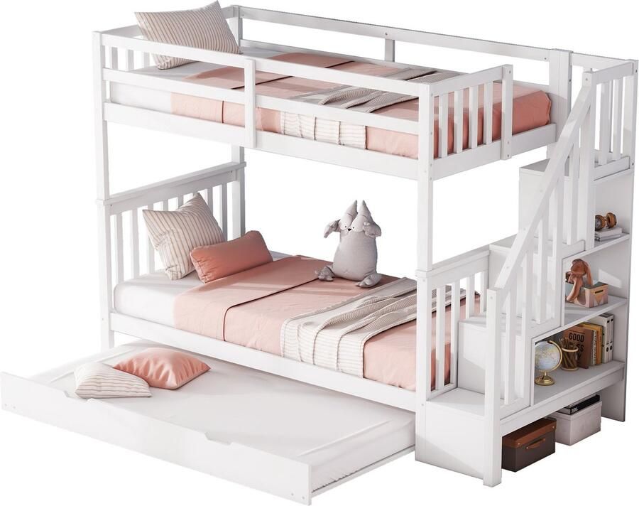 Merax Stapelbed 90x200 cm met Uittrekbaar Logeerbed Opberglades in Trap Hoge Relingen EN747-1 Gecertificeerd Wit