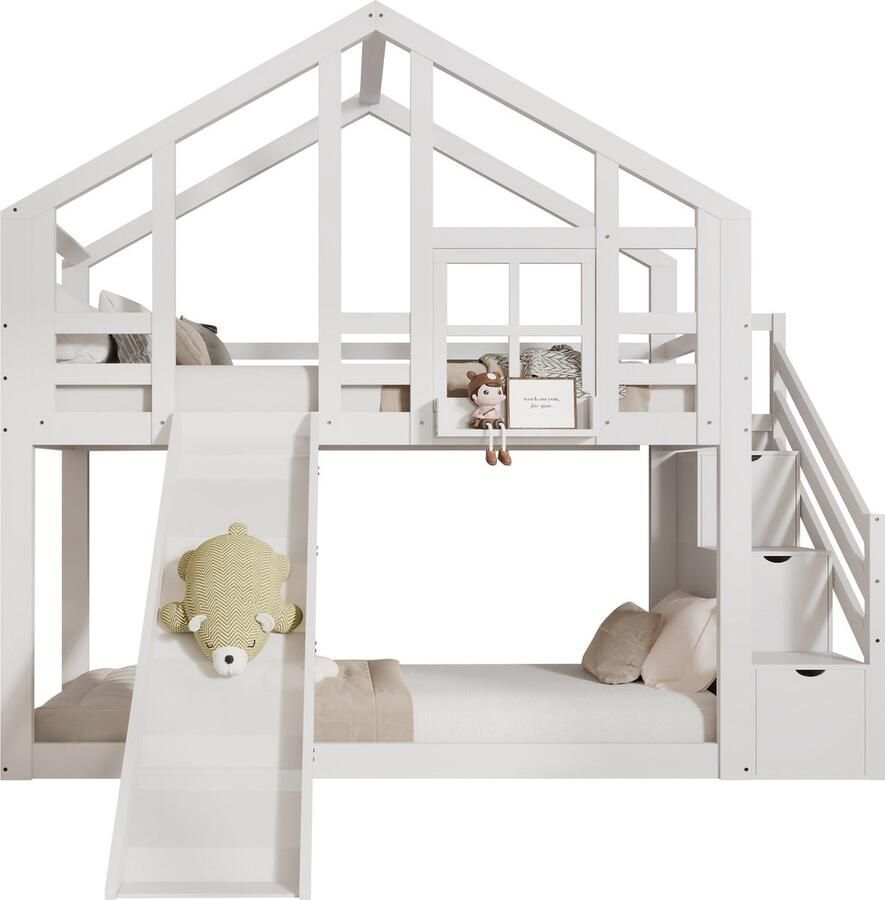 Merax Stapelbed 90x200 voor Kinderen Hoogslaper Kinderbed met Glijbaan en Handige Opbergruimte Huisbed met Uitvalbeveiliging Wit