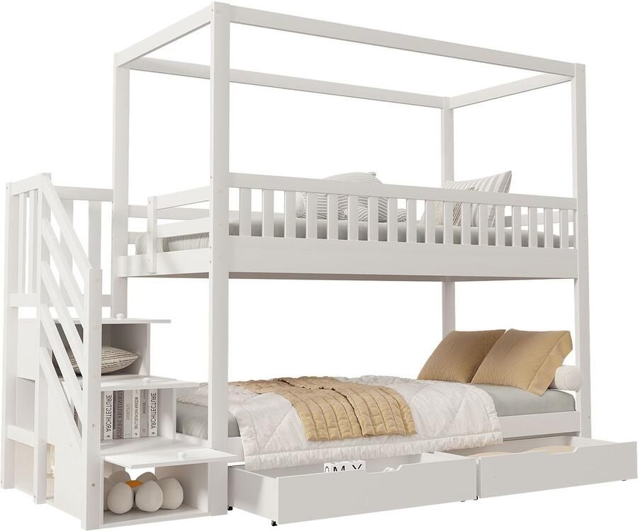 Merax Stapelbed 90x200 – Wit Hout – Kinderbed met Trap en Lades – Zonder Matras