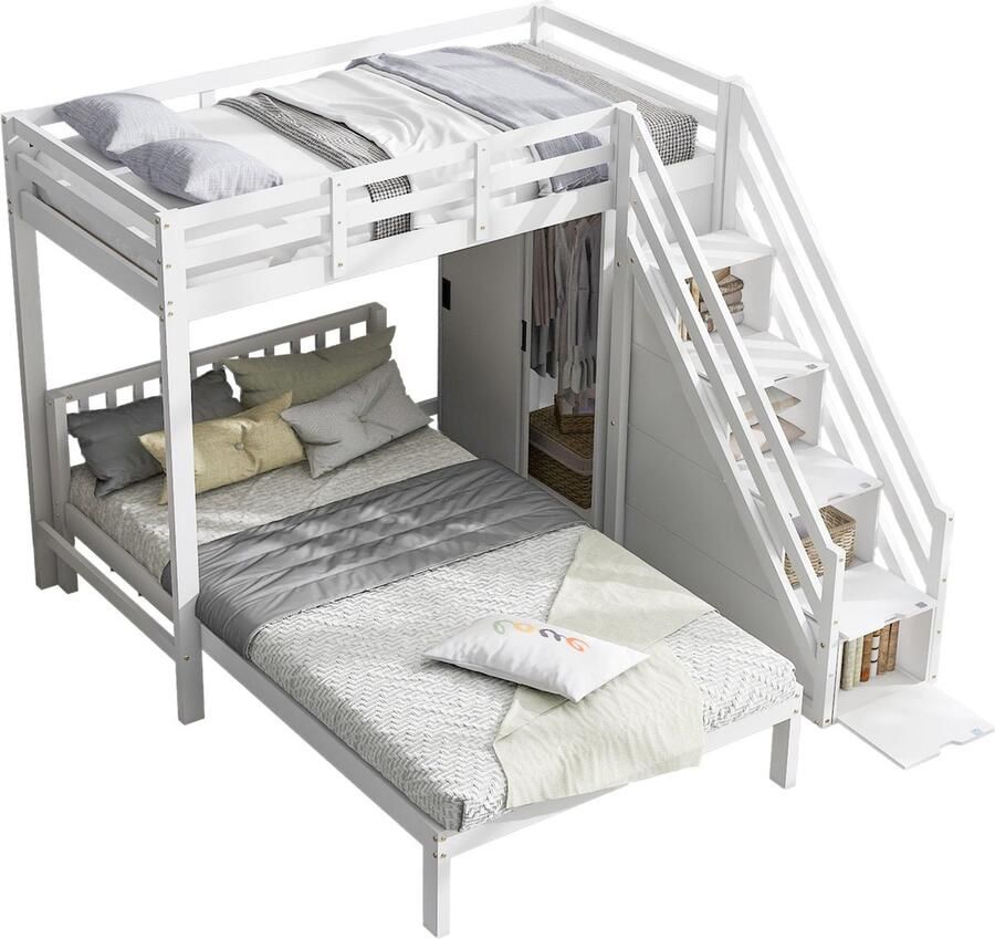 Merax Stapelbed 90x200cm en 120x200cm Twijfelaar Multifunctioneel Kinderbed Hoogslaper met Kledingkast en Opberglades Wit