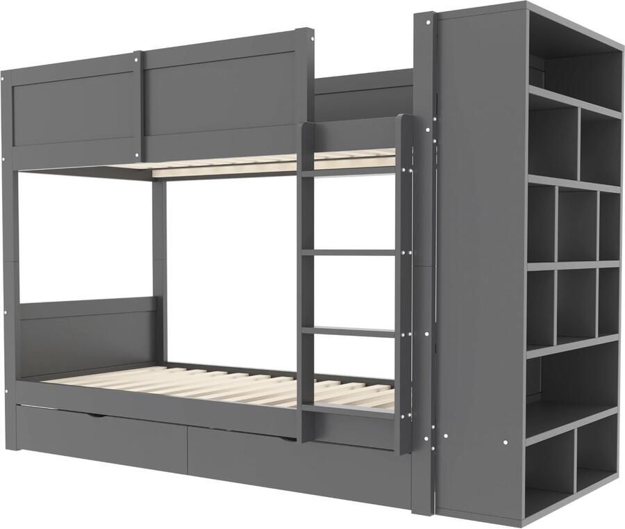 Merax Stapelbed 90x200cm opbergbed met veel opbergruimte kinderbedje met lades en kasten veiligheidshek en hoge bedafstand jeugdbed grijs