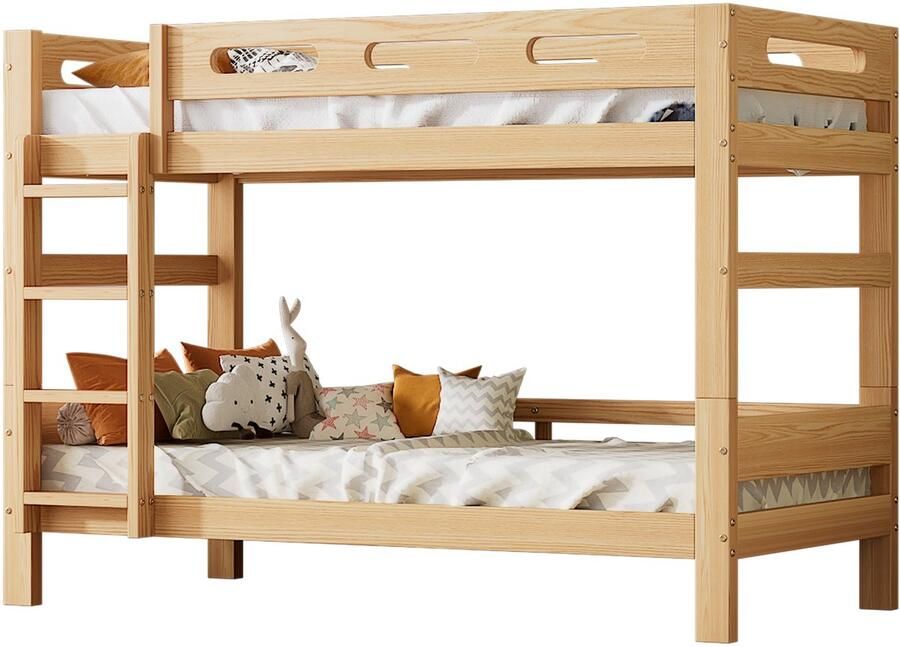 Merax Stapelbed 90x200cm voor Kinderen en Jongeren Kieferhouten Bedframe met 4 Schubladen en Flexibel Ontwerp Natuurlijk Hout