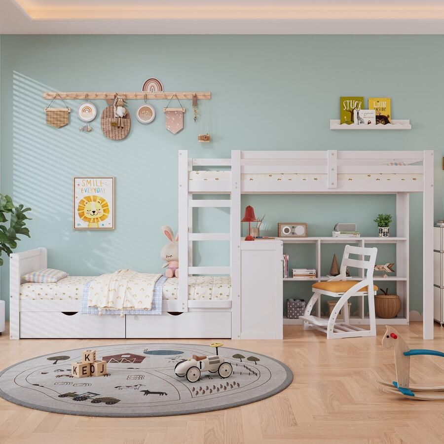 Merax Stapelbed Babybedje met drie treden open planken veiligheidshek twee lades met bureau wit 90x200 cm