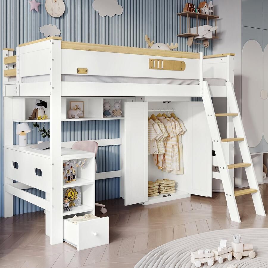 Merax Stapelbed Babybedje met valstopframe met tafel en kledingkast open planken met vier ladders naturel wit 90x200 cm