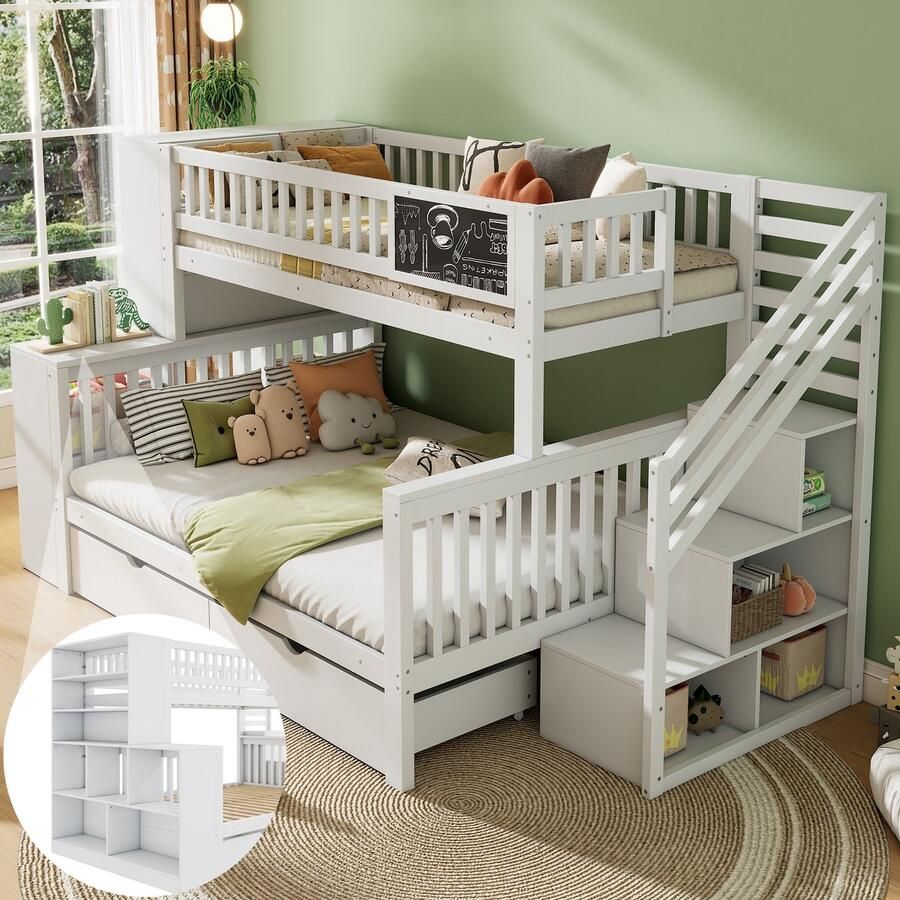 Merax Stapelbed graffitibord met kluisje met lade zonder matras 140x200cm en 90x200cm wit