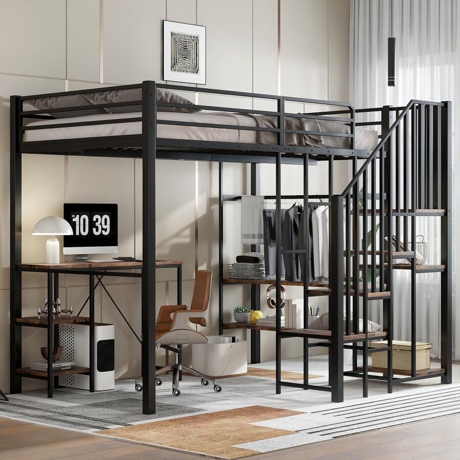 Merax Stapelbed hoekladderkast met opbergruimte met tafel en planken met open kledingkast zwarte vintage houtlak 120x200cm