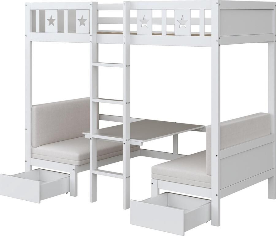 Merax [ niet compleet] Etagenbett 200*90 cm Bett Schreibtisch 2 in 1 selbst gepolstert mit zwei großen Schubladen Bettgestell mit Leiter Holzbett Kinderbett weiß - Foto 3