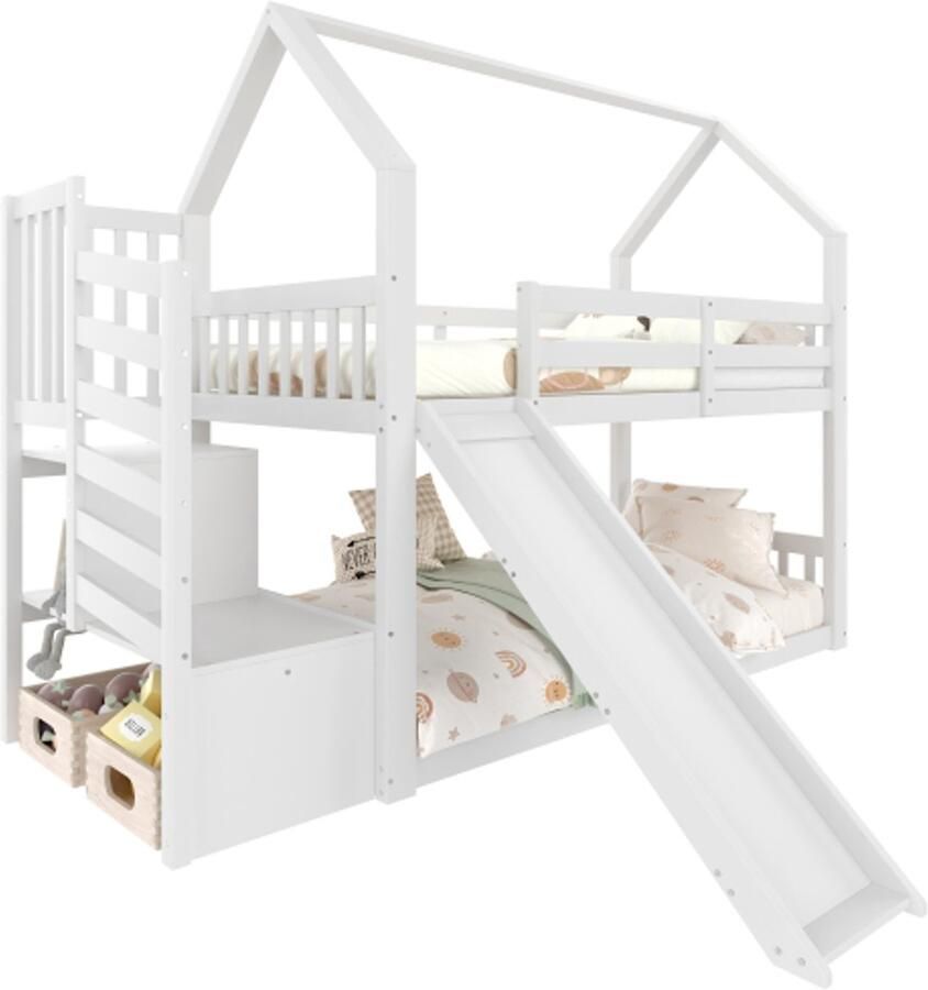 Merax wit stapelbed 90x200 cm – kinderbed met opbergtreden glijbaan en veiligheidsleuningen – geschikt voor kinderen en tieners - Foto 2