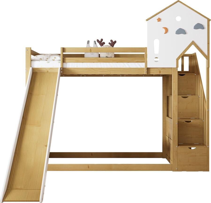 Merax Stapelbed Huisbed met Ronde Trap en Glijbaan – Kinderbed 90x200 cm Bed met Dak en Opbergruimte Wit met Bruin