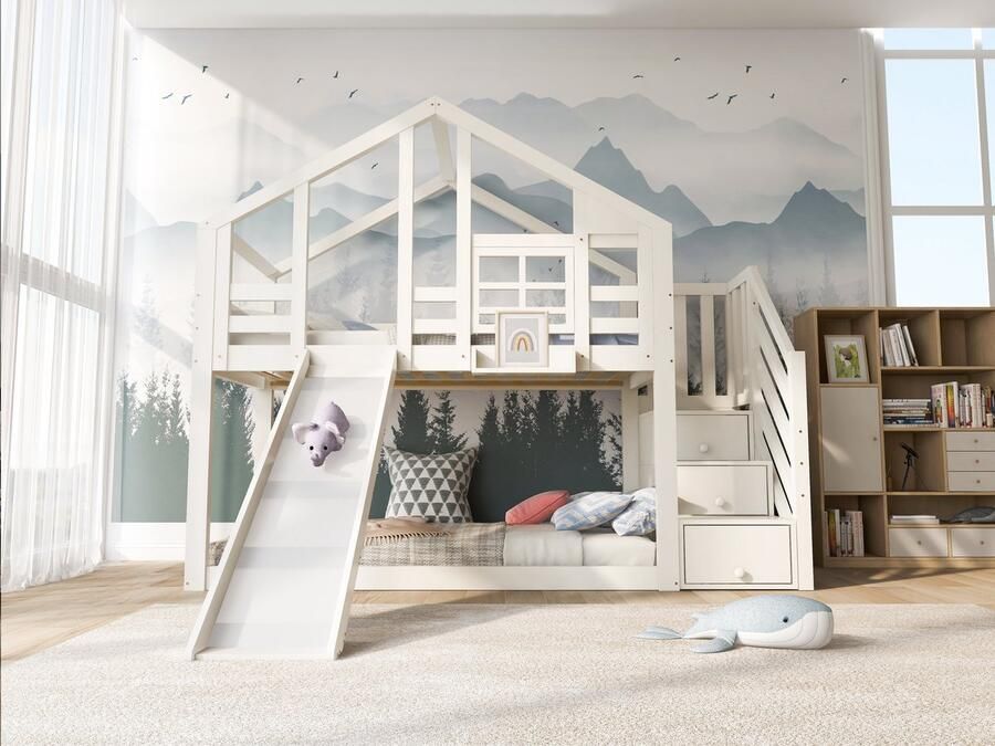 Merax Stapelbed in Huisvorm 90x200 cm – Kinderbed met Glijbaan Bed met Tafel en Opbergvakken in Trap – Wit – Inclusief 2 Lattenbodems – Zonder Matras