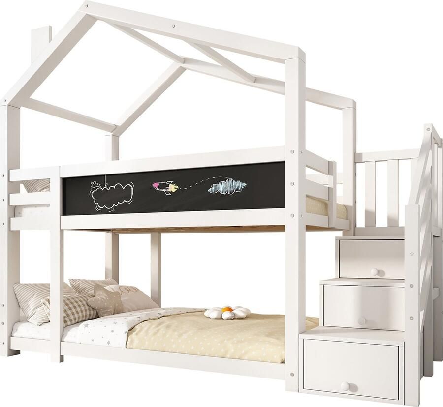 Merax Stapelbed in Huisvorm Kinderbed met Schoorsteen Opslag Wandbord en Veiligheidshekken Wit Inclusief Lattenbodem – Geschikt voor Matras 90x200 cm
