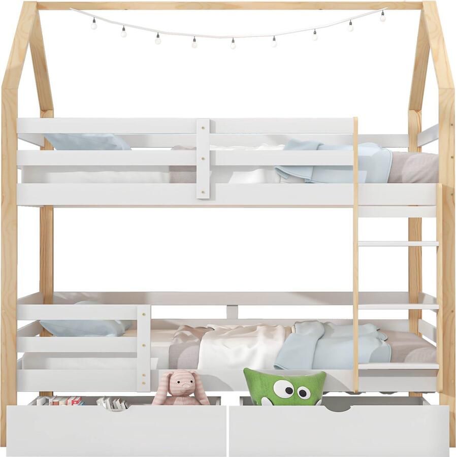 Merax Stapelbed in Huisvorm 90x200 cm met 2 Opberglades Houten Bed met Uitvalbeveiliging Wit met Natuurlijk Hout Bruin