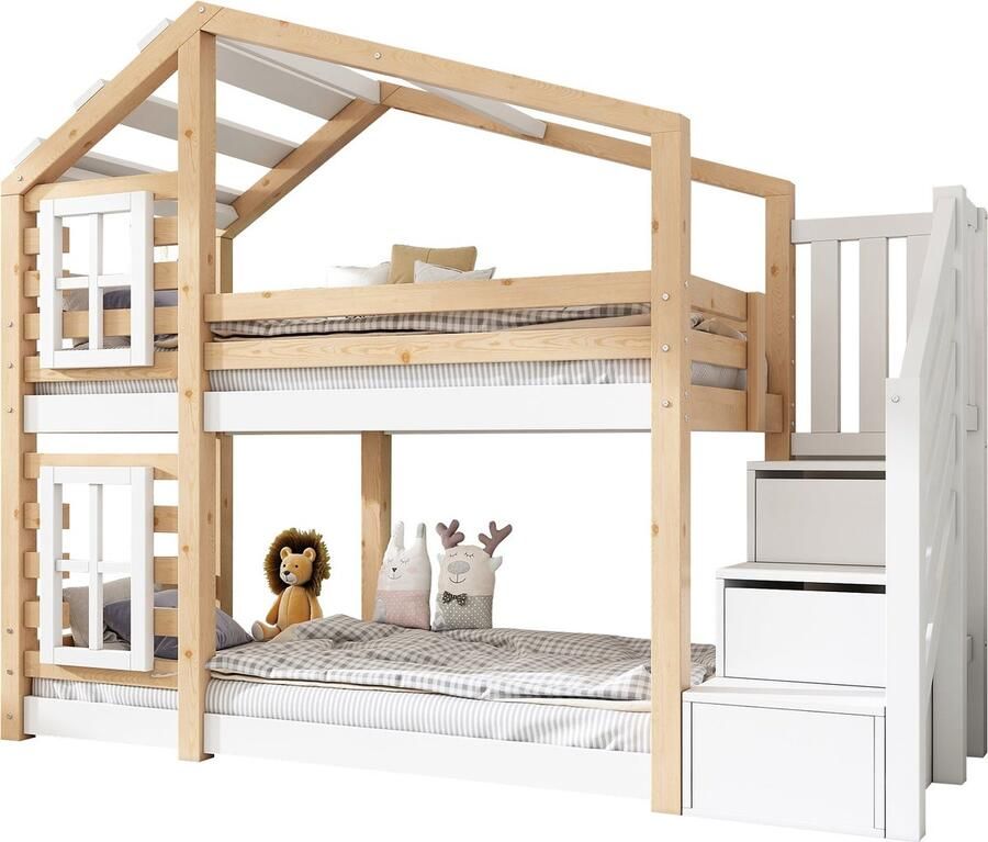 Merax Kinderbed Boomhuis 90x200 cm – Stapelbed met Opberglades Railing Veiligheidstrap en Inclusief Lattenbodem – Natuurlijk & Wit – Zonder Matras