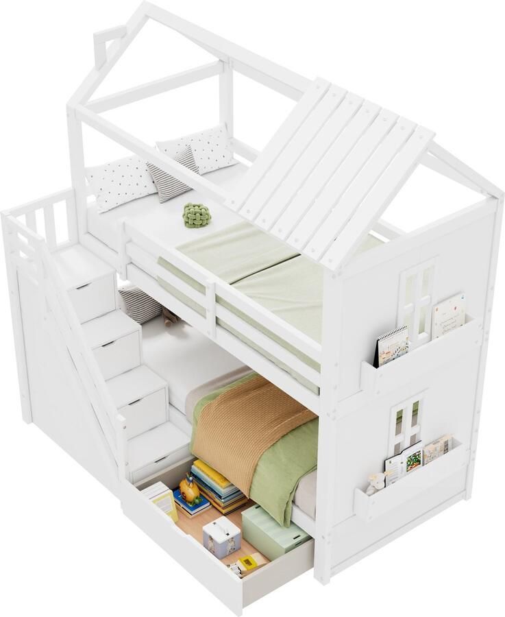 Merax Stapelbed in Huisvorm 90x200 cm Multifunctioneel Kinderbed met Opbergruimte en Trap Hoogslaper Huisbed met Uitvalbeveiliging Wit