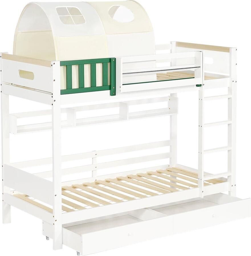 Merax Stapelbed in Huisvorm Kinderbed met Tent Vallenbescherming Ladder en 2 Opberglades 90x200 cm Wit en Geel-Groen