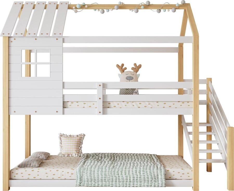 Merax Stapelbed in Huisvorm met Dak en Raam Eenpersoonsbed Hoogslaper met Uitvalbeveiliging Huisbed Kinderbed met Massief Houten Frame Wit met Hout Bruin