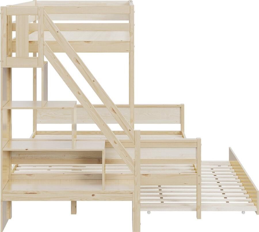 Merax Stapelbed inclusief Hoogslaper Eenpersoonsbed 90x200 cm en Tweepersoonsbed 140x200 cm met Extra Uitschuifbaar Bed 90x190 cm Kinderbed voor 4 Personen Natuurlijke Hout Kleur