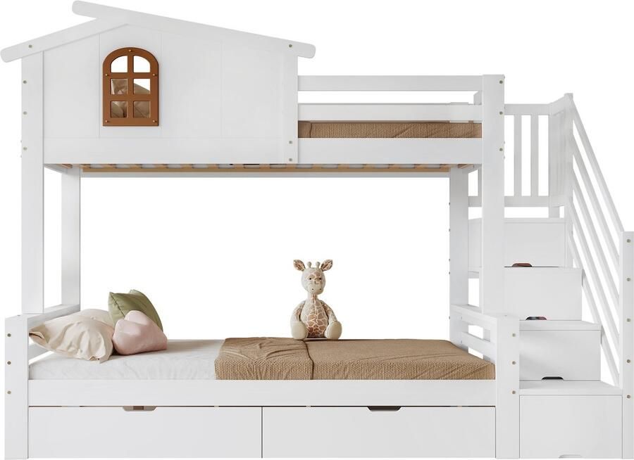 Merax Stapelbed Kinderbed 90x200 & 120x200 – Met Ladeblokken op Wieltjes Exquise Ramen en Hoekladderkast – Stabiele Lattenbodems – Wit & Natuurlijk Hout