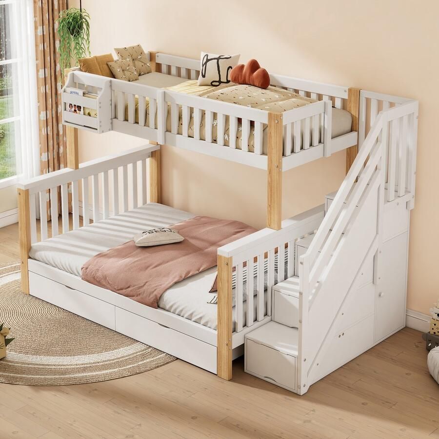 Merax Stapelbed Kinderbed met opbergmand met lades met trap met kluisje zonder matras wit naturel kleur 140x200cm en 90x200cm