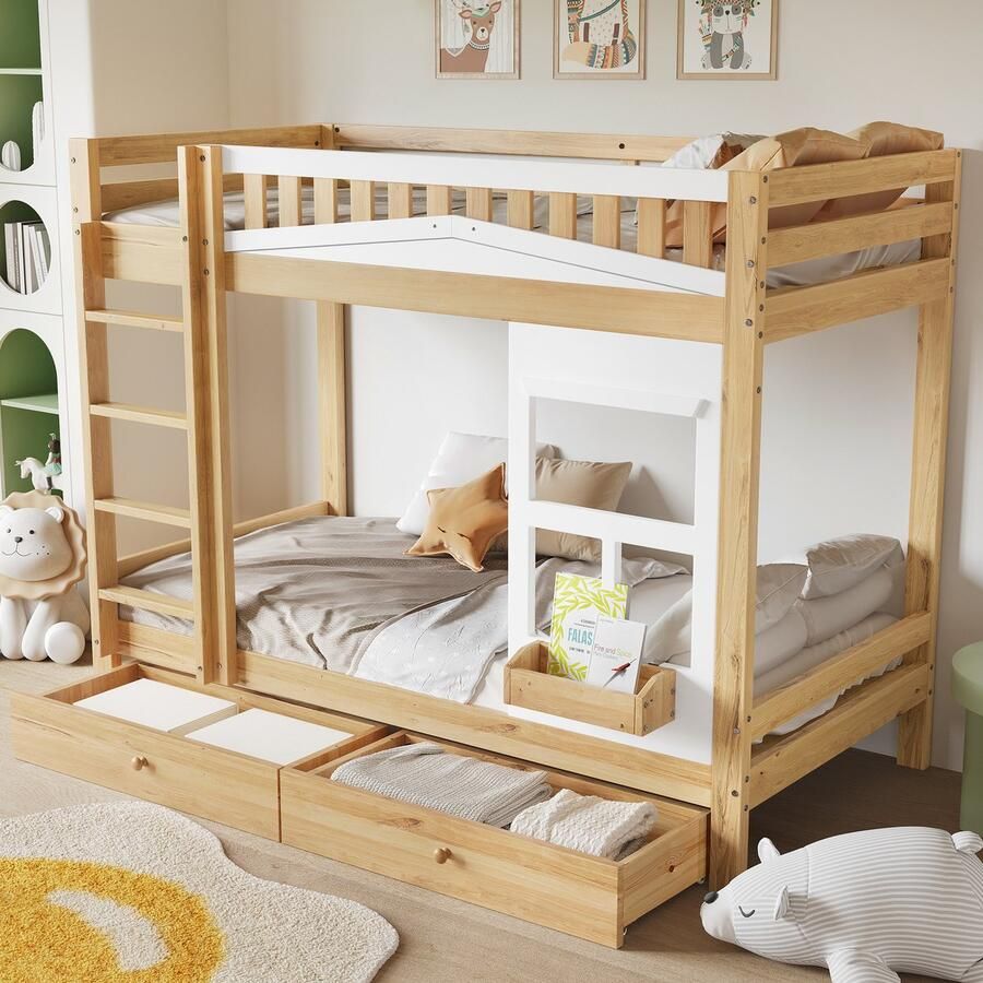 Merax Stapelbed kinderbed met raam met valbeveiliging veilige leuning twee lades op wielen veel opbergruimte naturel wit 90x200cm