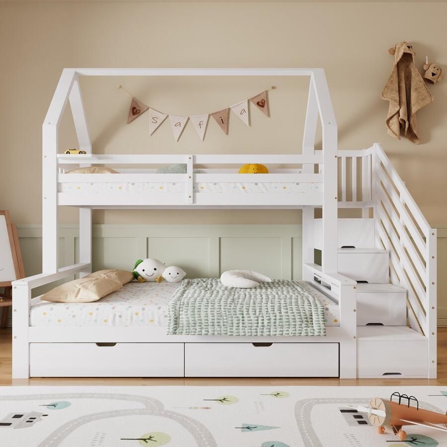 Merax Stapelbed kinderbed met rollers en 2 laden dakontwerp met veiligheidsleuning en trapopbergkast wit 90x200cm en 140x200cm zonder matras