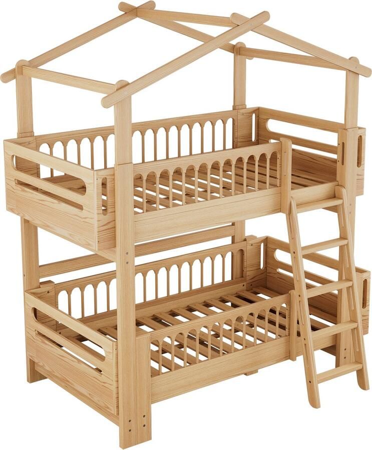 Merax Stapelbed Kinderbed met Uitschuifbaar Onderbed Vierstaps Ladder Veiligheidshekken Massief Hout Natuurlijk Hout Bruin- 90x200 cm (2 matrassen)
