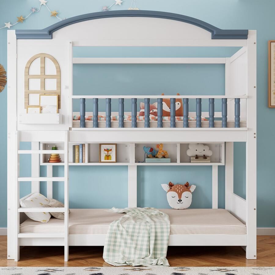 Merax Stapelbed kinderbed met valbeveiliging en leuning met dak en ramen open planken met ladder met 4 treden wit 90x200cm