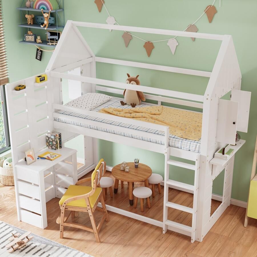 Merax Stapelbed kinderbed met valbeveiliging en rail met tafel open planken twee ramen veel opbergruimte wit 90x200 cm