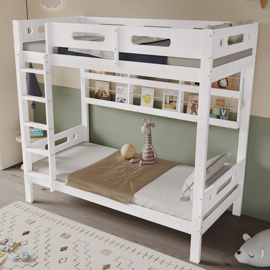 Merax Stapelbed Kinderbed met valbeveiliging Open planken Voldoende opbergruimte Wit 90x200 cm zonder matras