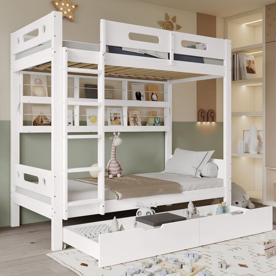 Merax Stapelbed kinderbed met valbeveiliging twee lades op wielen open planken vijf ladders veel opbergruimte wit 90x200cm