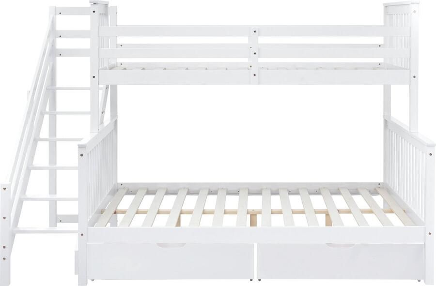 Merax Stapelbed Kinderbed met Zijladder en Veiligheidshek Wit Houten Bedframe Inclusief Opberglades 90x200 cm en 140x200 cm