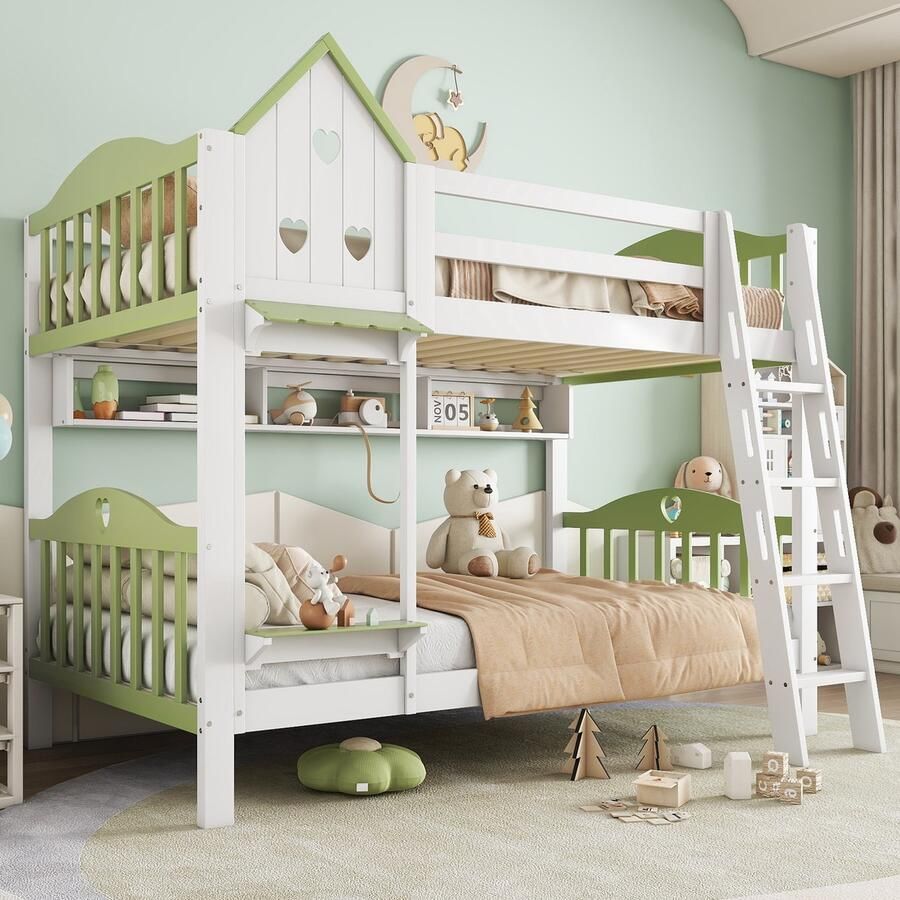 Merax Stapelbed kinderbedje met valbeveiliging en leuningen met dak en ramen open planken met 4 ladders witgroen 90x200cm