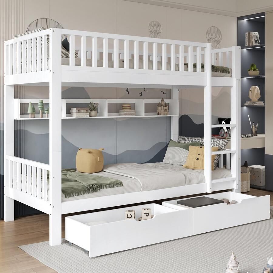 Merax Stapelbed met 3-gats rechthoekige ladder trap kan links of rechts worden geïnstalleerd met valstoprooster legplanken en lades wit 90x200 cm