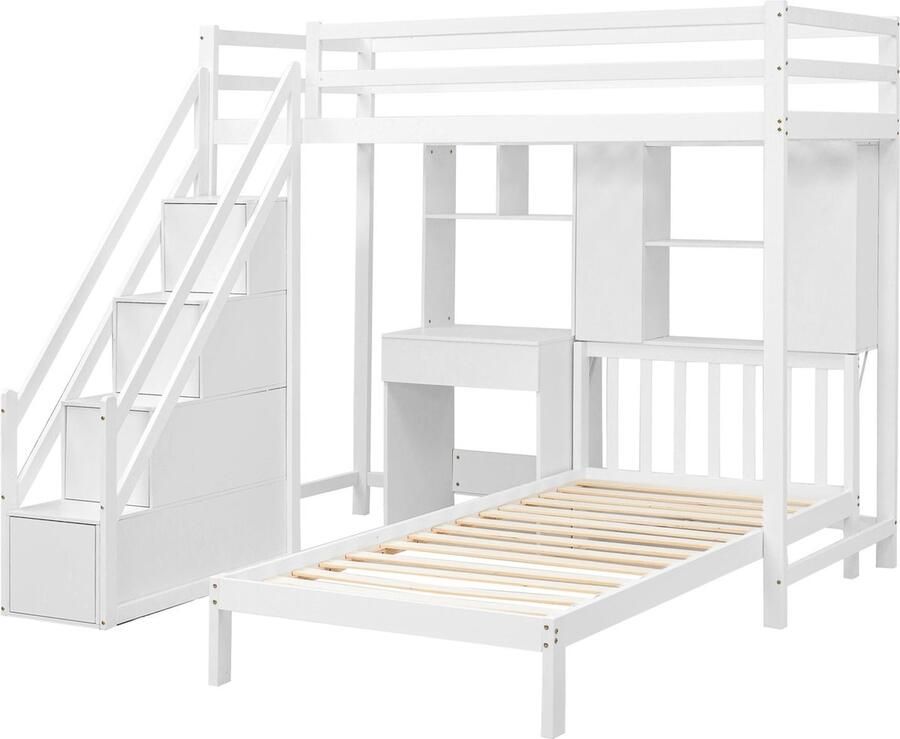 Merax Stapelbed met Bureau en Planken Multifunctioneel Kinderbed met Opbergruimte Bed 90x200 cm Wit