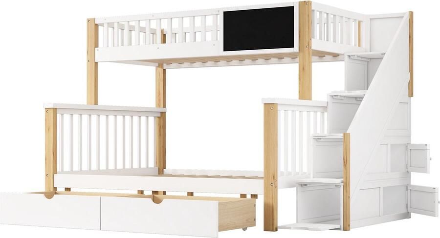 Merax Stapelbed met Eenpersoonsbed en Tweepersoonsbed Multifunctioneel Kinderbed met Krijtbord en Lades Wit met Licht Eiken Bruin