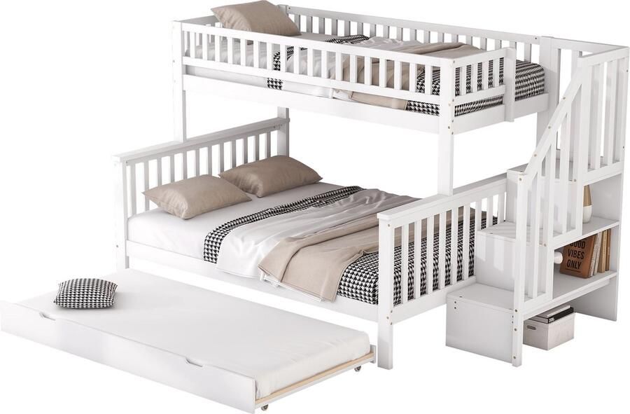 Merax Stapelbed met Extra Uitschuifbaar Bed Trap en Opbergruimte 90x200 cm en 140x200 cm Houten Lattenbodem Kinderbed Wit