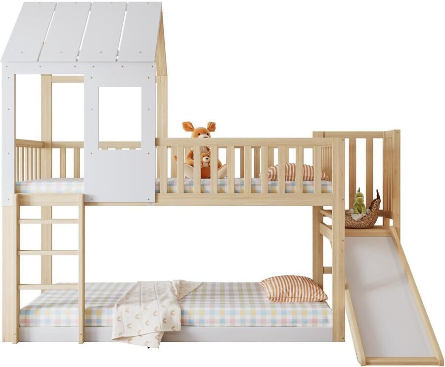 Merax Stapelbed met Glijbaan en Hoekige Trap 90x200cm Huisbed met Dak en Raam voor Kinderen Houten Bed Hoogslaper met Uitvalbeveiliging Wit met Bruin