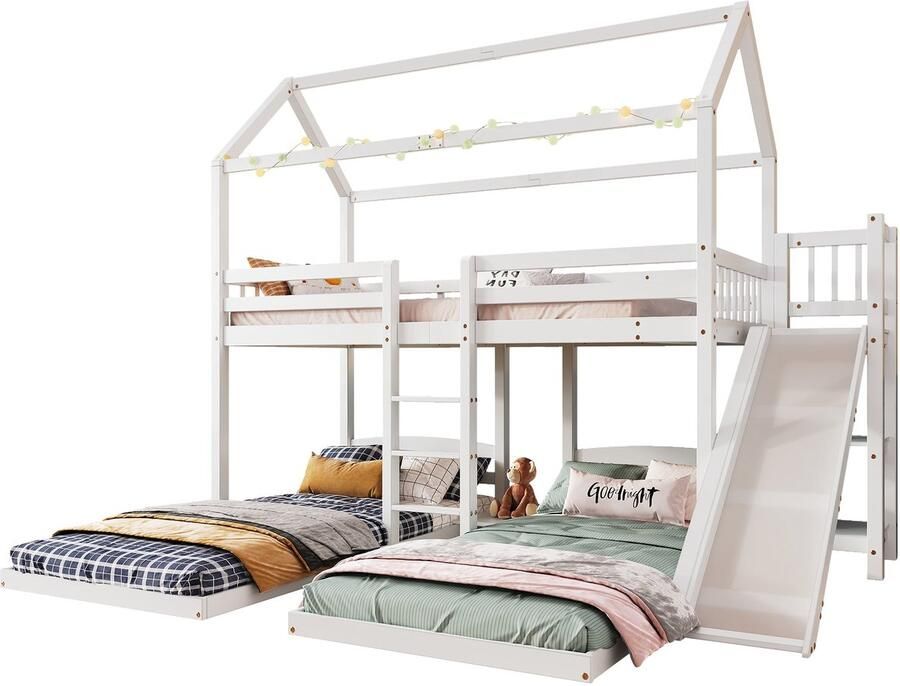 Merax Stapelbed met Glijbaan en Huisvormig Dak Kinderbed met Open Schappen Drie Slaapplekken Ladder en Massief Houten Frame Wit 90x200cm