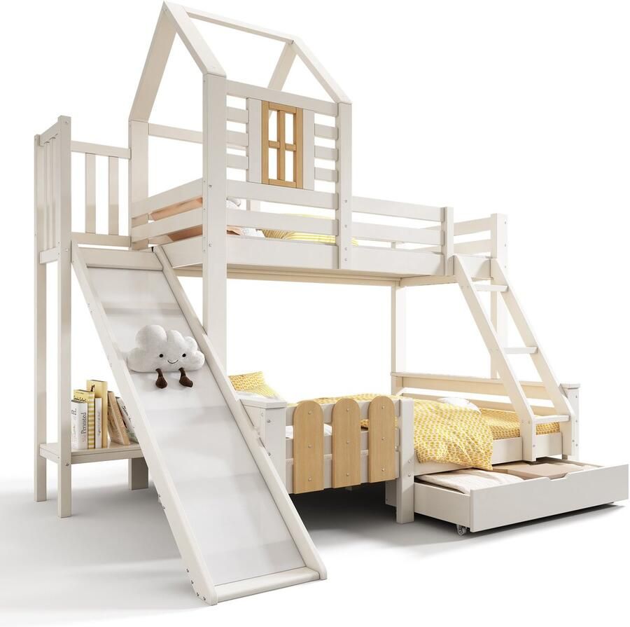 Merax Stapelbed met Glijbaan en Lade – Huisbed 90x200 en 140x200 – Kinderbed met Ladder en Lattenbodem – EN747-1:2024 Veilig – Wit met Bruin