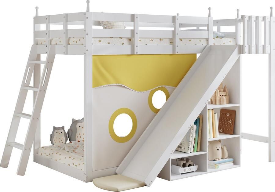 Merax Hoogslaper of Stapelbed met Glijbaan en Opbergrek – Houten Kinderbed 90x200 cm met Trap en Uitvalbeveiliging Wit