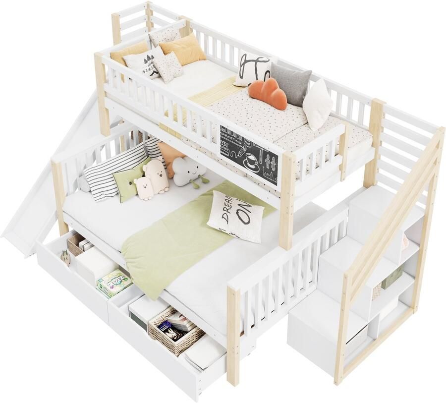 Merax Stapelbed met Glijbaan – Bed in Huisvorm – Kinderbed met Tekenbord Opberglades & Trap – Hout – Wit Naturel – 90x200 cm & 140x200 cm