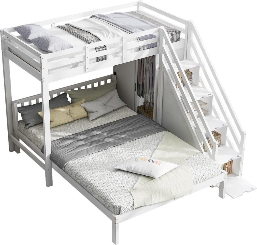 Merax Stapelbed met Kledingkast voor 3 Personen met Opbergruimte Hoogslaper Bed 90x200 cm met Tweepersoonsbed 140x200 cm Wit