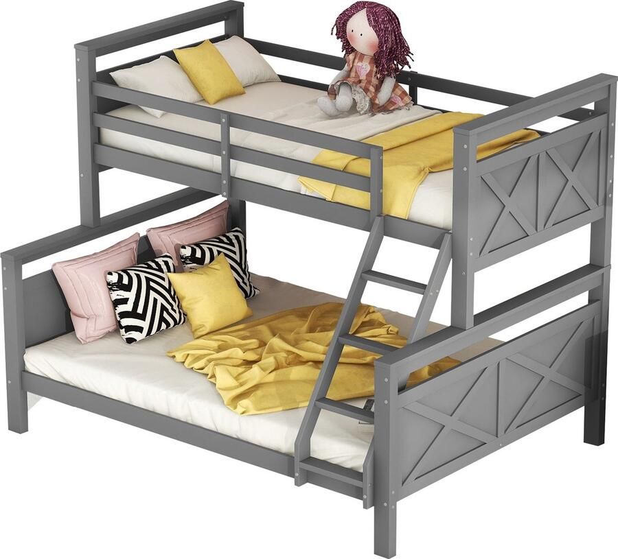 Merax Stapelbed met Ladder en Veiligheidshek Omvormbaar naar Twee Losse Bedden Houten Bedframe 90(140)x200 cm Grijs