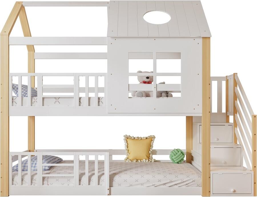 Merax Stapelbed met Opberglade Trap en Uitvalbeveiliging – Kinderbed in Huisvorm met Dak en Ramen – 90x200 cm – Wit met Houtkleur Bruin– FSC Gecertificeerd Hout