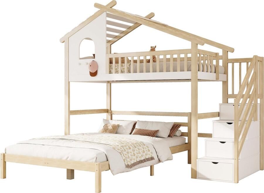 Merax Stapelbed 90x200 en 140x200 – Houten Kinderbed met Opbergruimte in Trap – Wit met Bruin - Foto 2