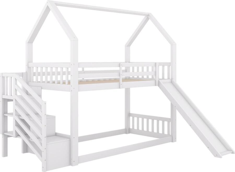 Merax wit stapelbed 90x200 cm – kinderbed met opbergtreden glijbaan en veiligheidsleuningen – geschikt voor kinderen en tieners - Foto 3