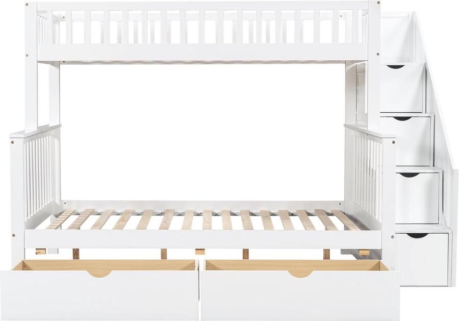 Merax Stapelbed met Opbergruimte Multifunctioneel Kinderbed met Opbergruimte Eenpersoonsbed 90x200 cm en Tweepersoonsbed 140x200 cm Wit